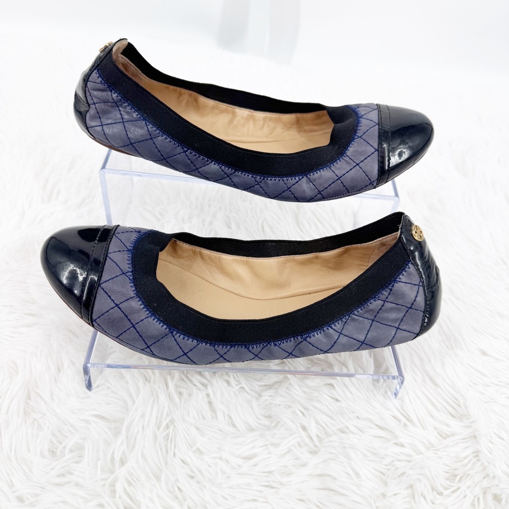 Tory Burch Bridgette Ballet Flats Slate Blue Quilted Patent Cap Toe Size 9M